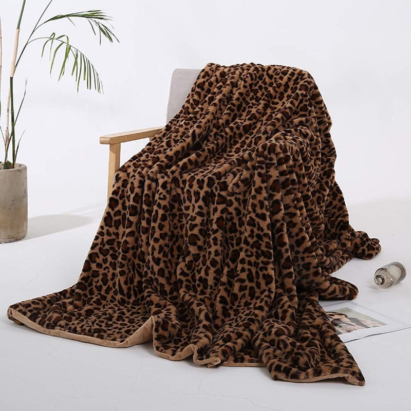 MYRU Velboa Super Soft Leopard Blanket Double Layer Bedding Thick Sofa Cover Furry Fuzzy Fax Fur Throw Blanket (Brown,63 x 79 Inch) - Image 1